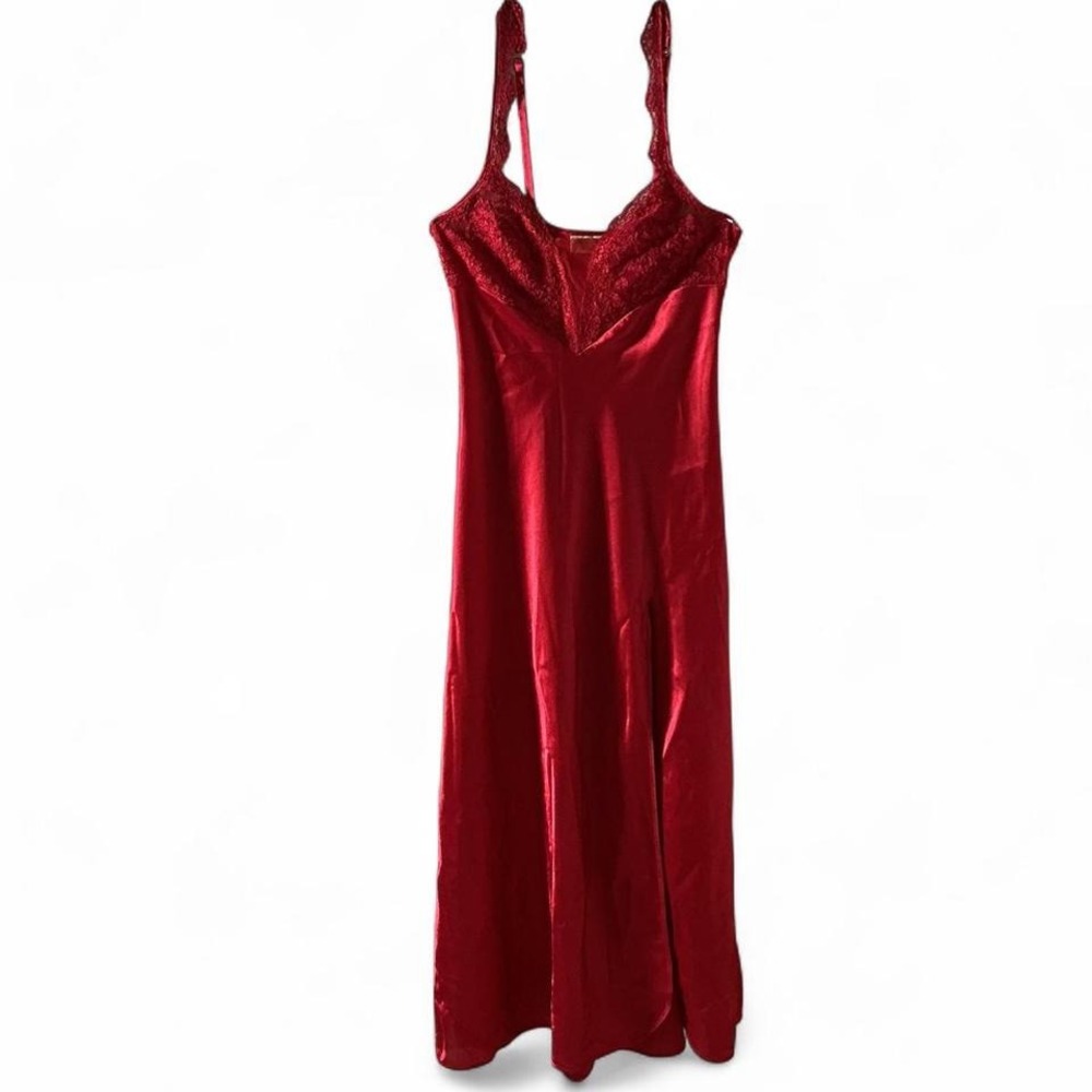 Victoria's Secret Lace Trim Satin Nightgown Women S Red Maxi Slip Dress Lingerie